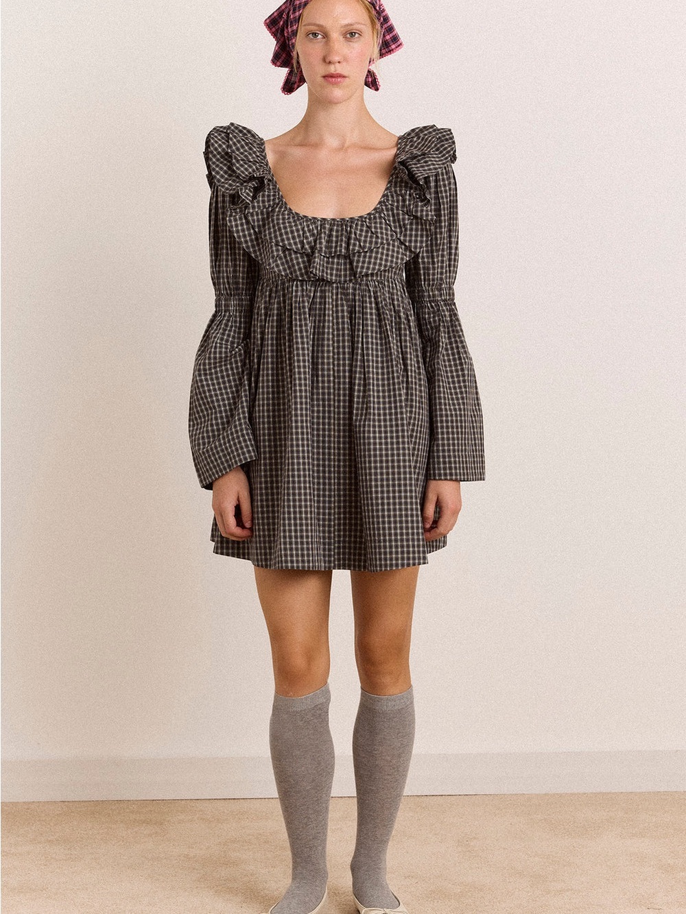 Gingham Ruffle Smocked Mini Dress in Black and White